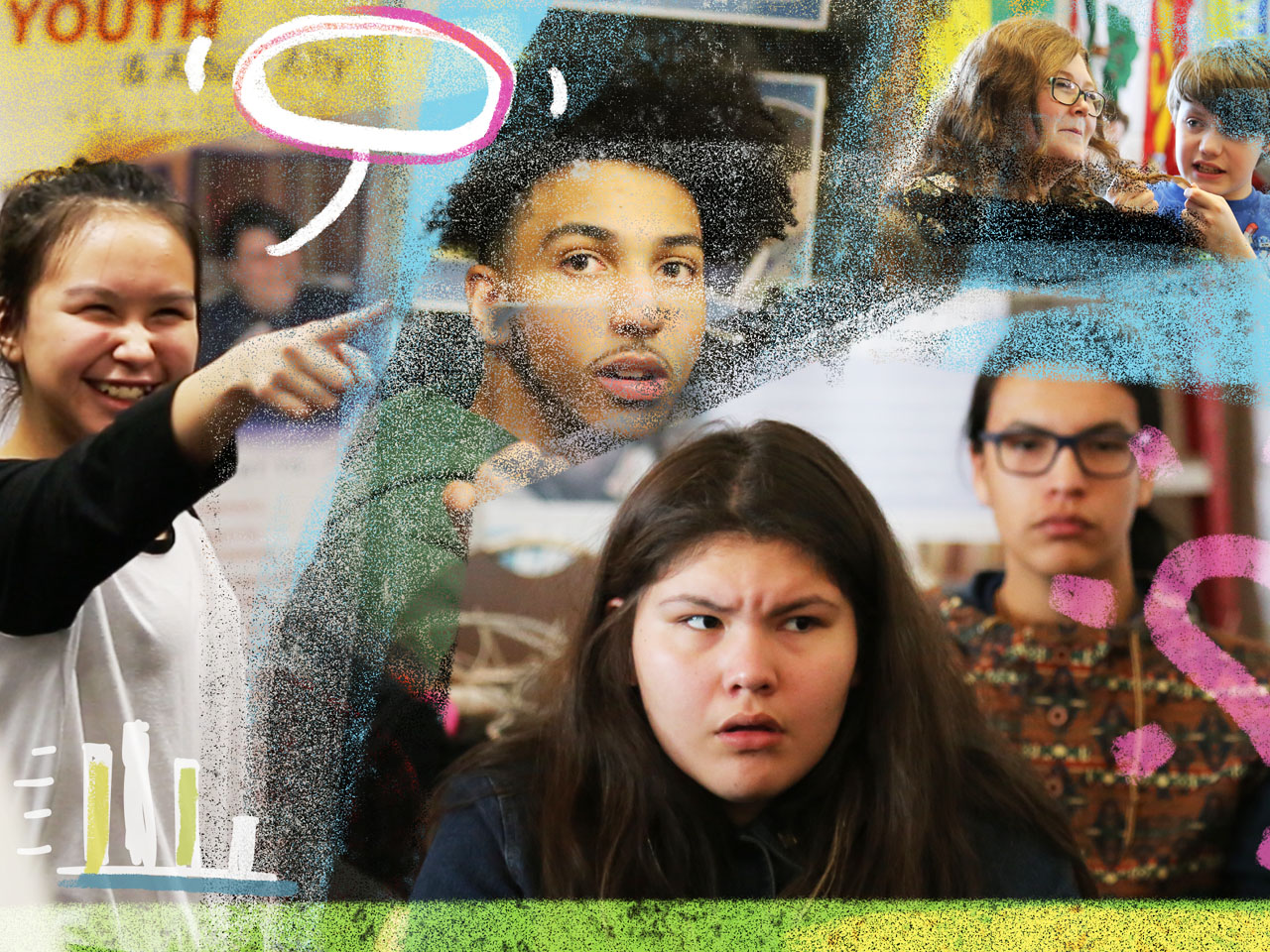 A photo montage of young people discussing things what interest them and connecting with each other socially.