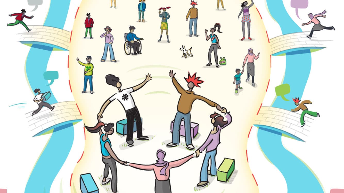 Artistic collage featuring portraits of diverse individuals, showcasing different expressions and styles, with speech bubbles emphasizing communication and dialogue