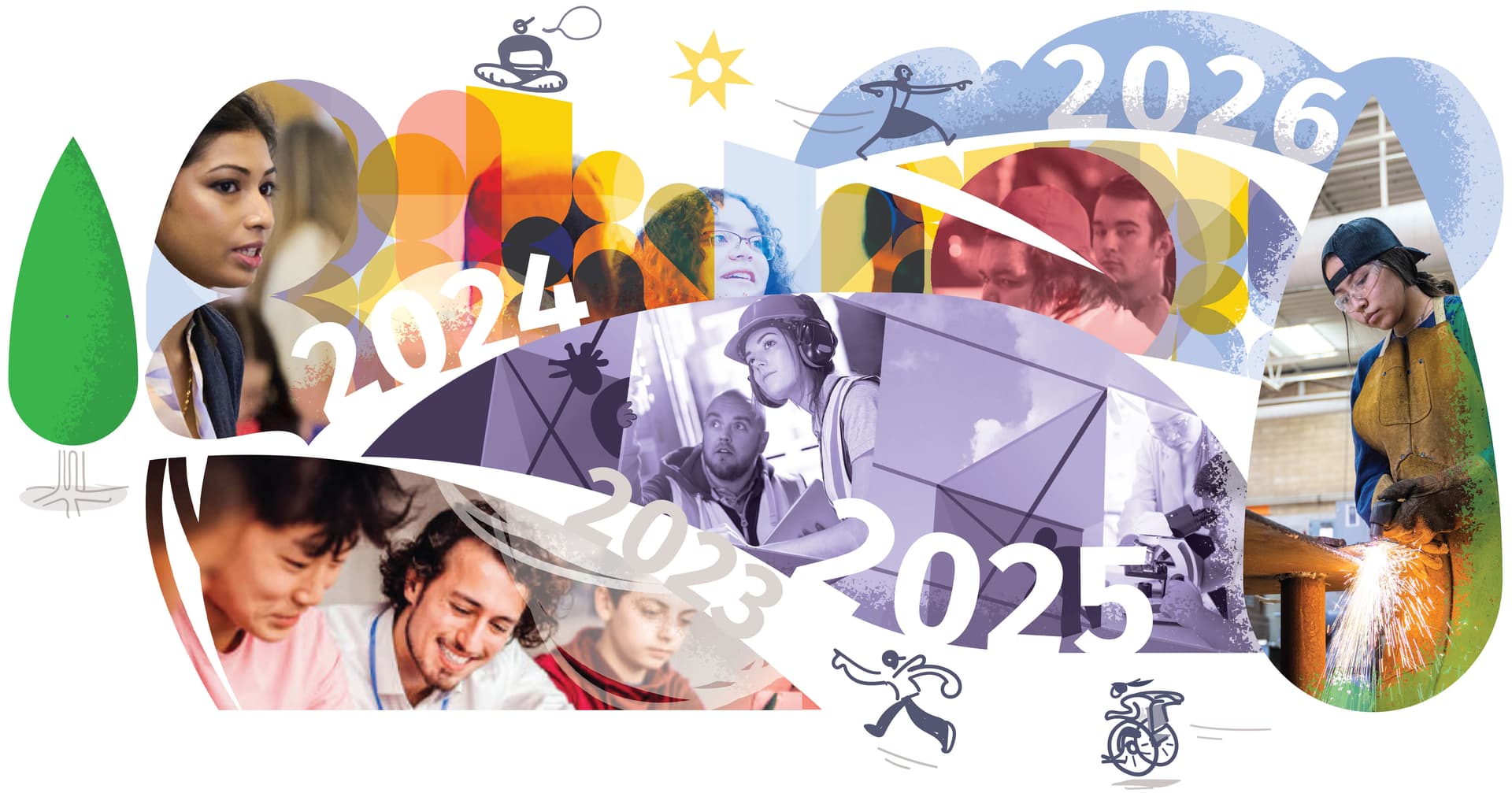 Collage of youth workplace photos labelled 2023–2026, with running-figure illustrations, a tree, and a sun. Take Our Kids to Work Day graphic.