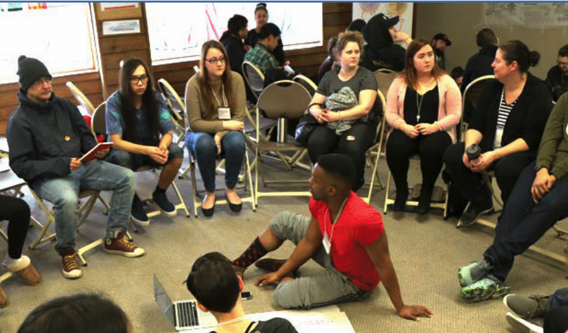 Un groupe de personnes assises en cercle, possiblement lors d'une discussion ou d'un atelier.