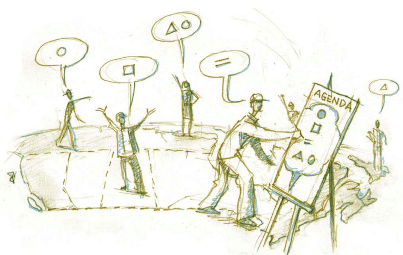 Dessin de personnes partageant des idées avec des bulles contenant des formes, rassemblées autour d'un tableau intitulé 'Agenda', symbolisant une planification collaborative.