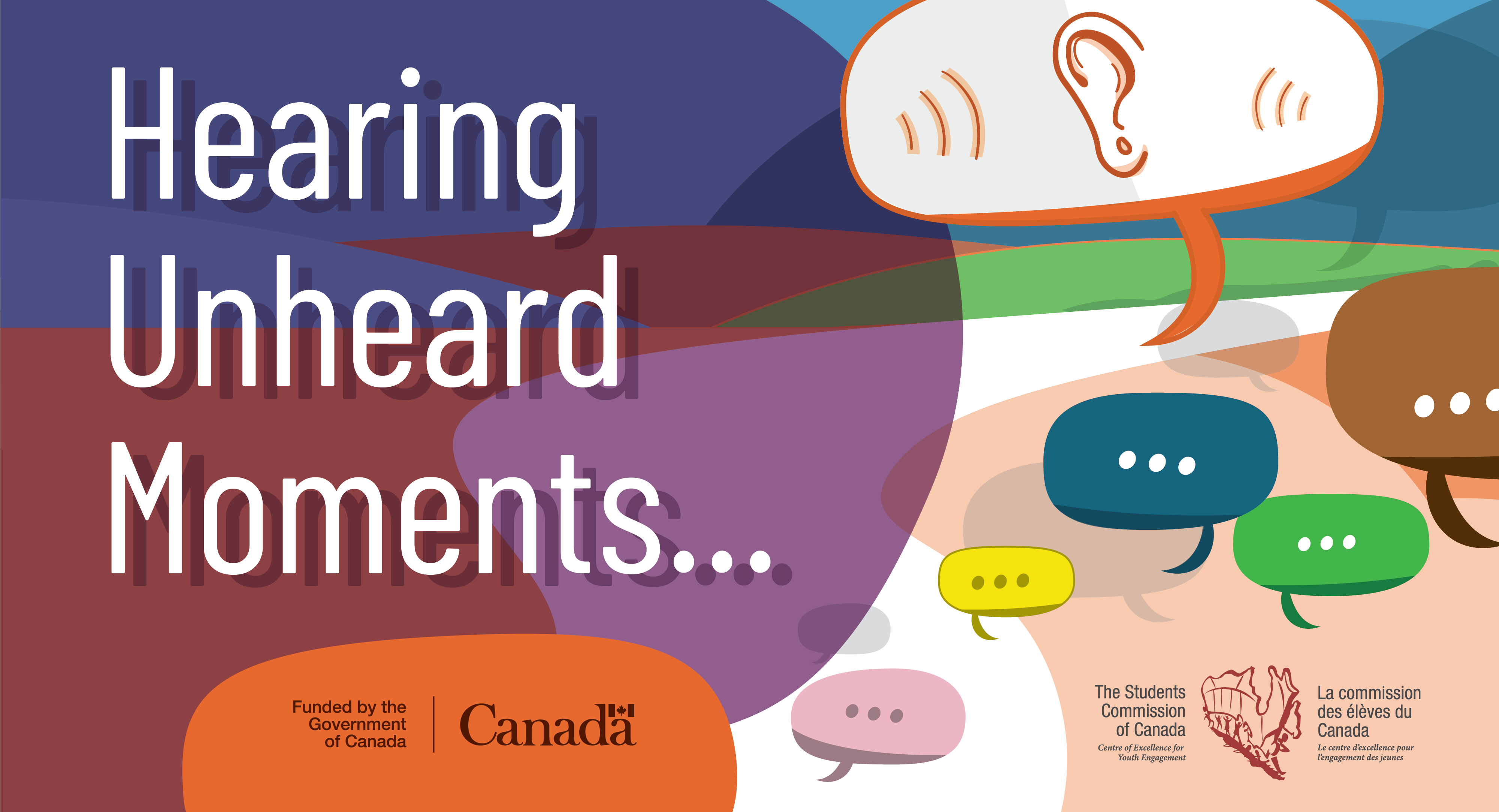 Banner for 'Hearing Unheard Moments' featuring colorful speech bubbles and an ear icon, highlighting the importance of listening and communication, with funding acknowledgement from the Government of Canada.