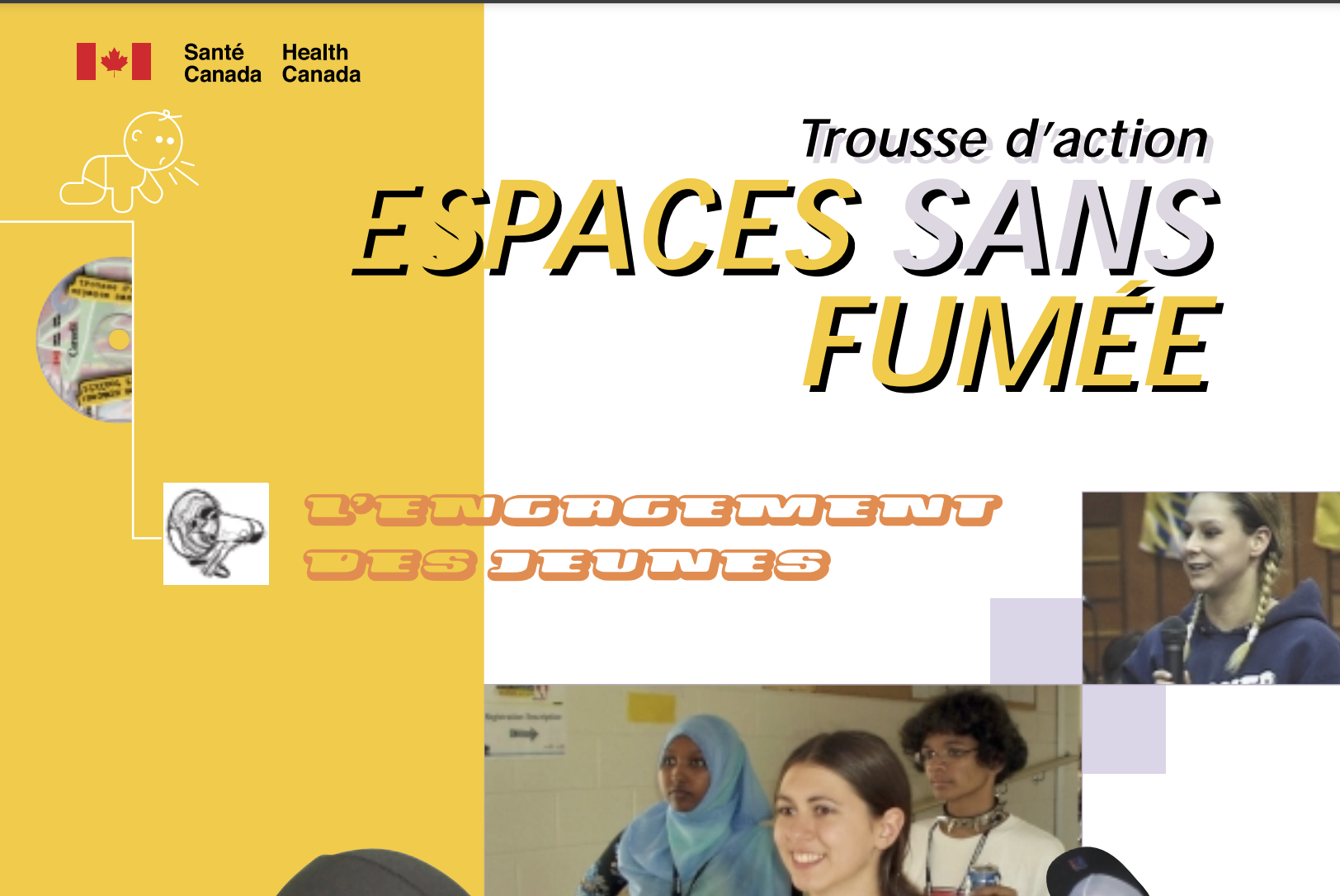 Couverture de l'outil d'activisme 'Espaces sans fumée' de Santé Canada, présentant des visuels engageants et des images de jeunes divers impliqués dans l'activisme.